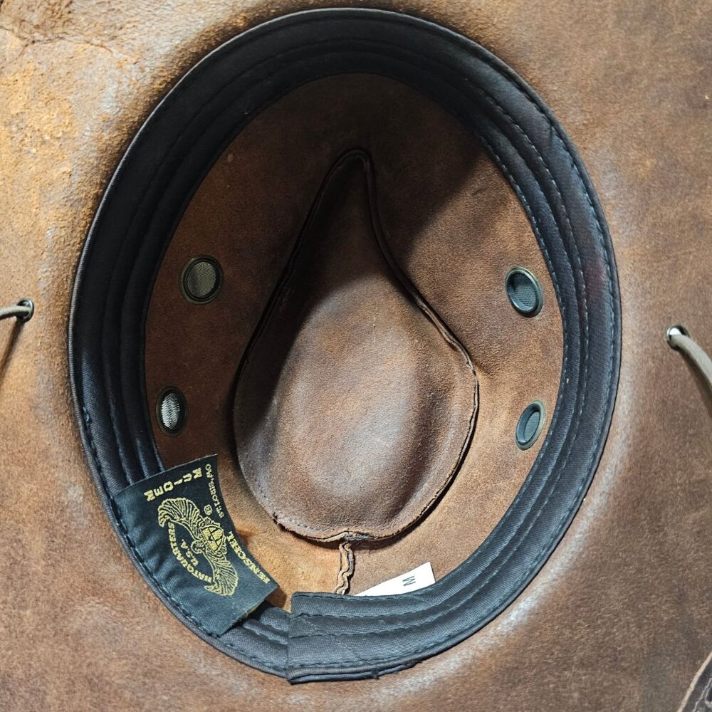 Henschel Brown Distressed Leather Cowboy Hat Braided Band Chin Cord USA Medium - Picture 7 of 9